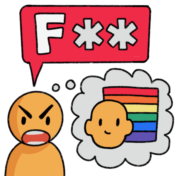 An angry person thinking of a gay person and saying a f followed by two asterisks in a red speech bubble. 